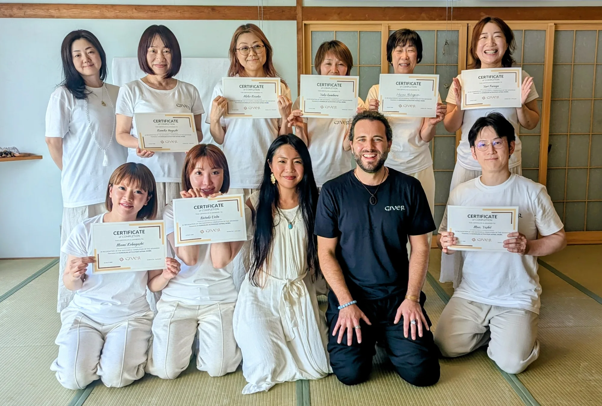 2026 GIVER® Kundalini Activation Astral Work facilitator training graduates holding certificates in Japan