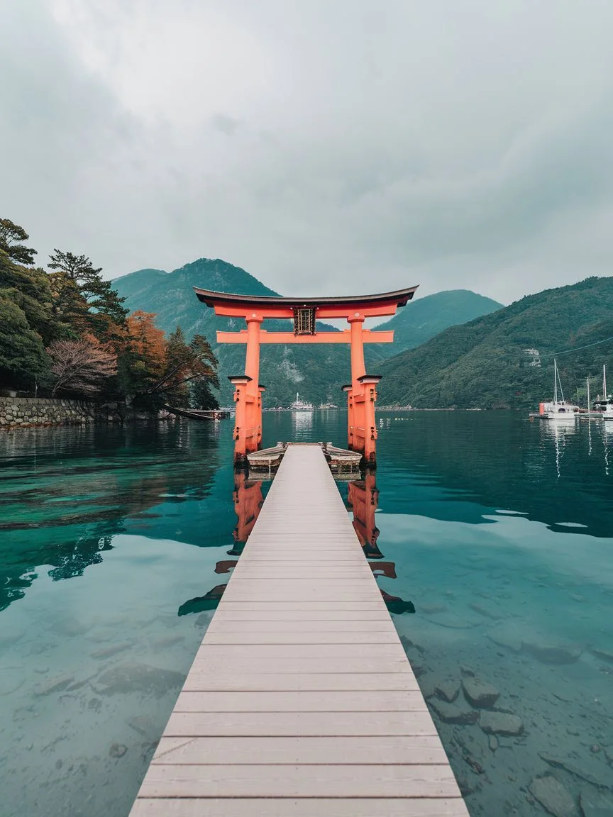 Torii gate standing in still water below forested mountains — the GIVER® facilitator training in Japan